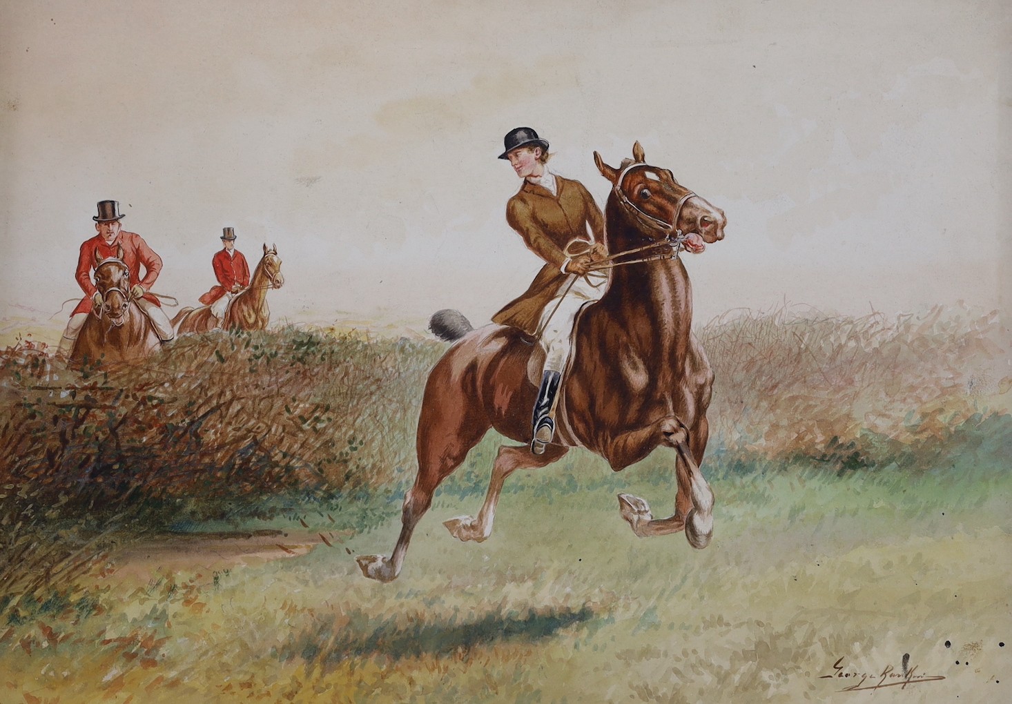 George Rankin (1864-1937), six watercolours on card, hunting scenes, signed, unframed, largest 27 x 37cm
